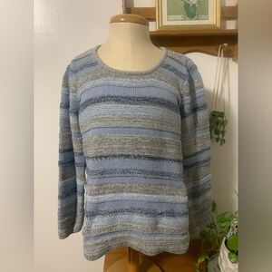 LL Bean Blue and Grey Striped Petite Large Cozy Winter Sweater PL 100% Cotton